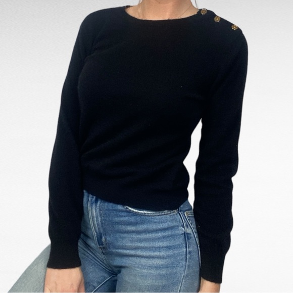 VINTAGE | Lauren Ralph Lauren Black 3 Button Shoulder Soft Pure Cashmere Sweater - Picture 3 of 8